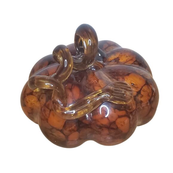 Hand Blown Glass Pumpkin Squash Brown Amber Art Glass Swirl Stem 5" x 4.5" - Picture 7 of 14